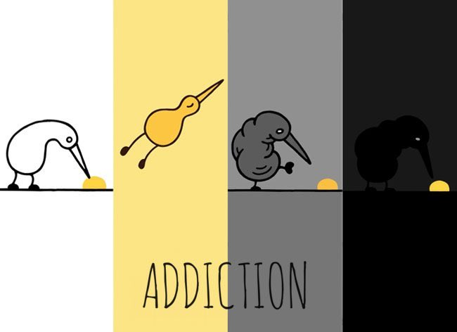 The Kiwi bird progression: white, yellow, gray and black panels titled Addiction